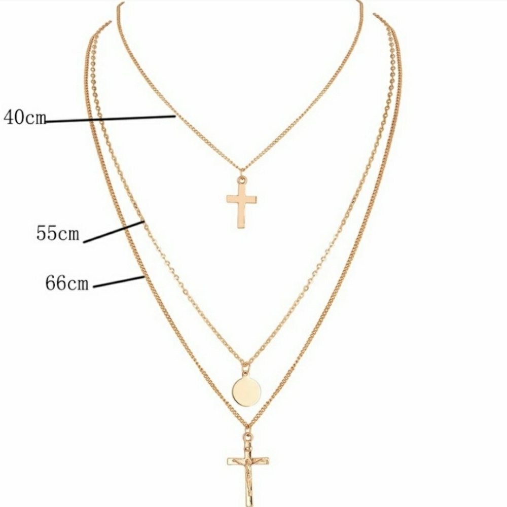 NEW Gold Tone Triple Layer Double Cross Necklace - Picture 3 of 3